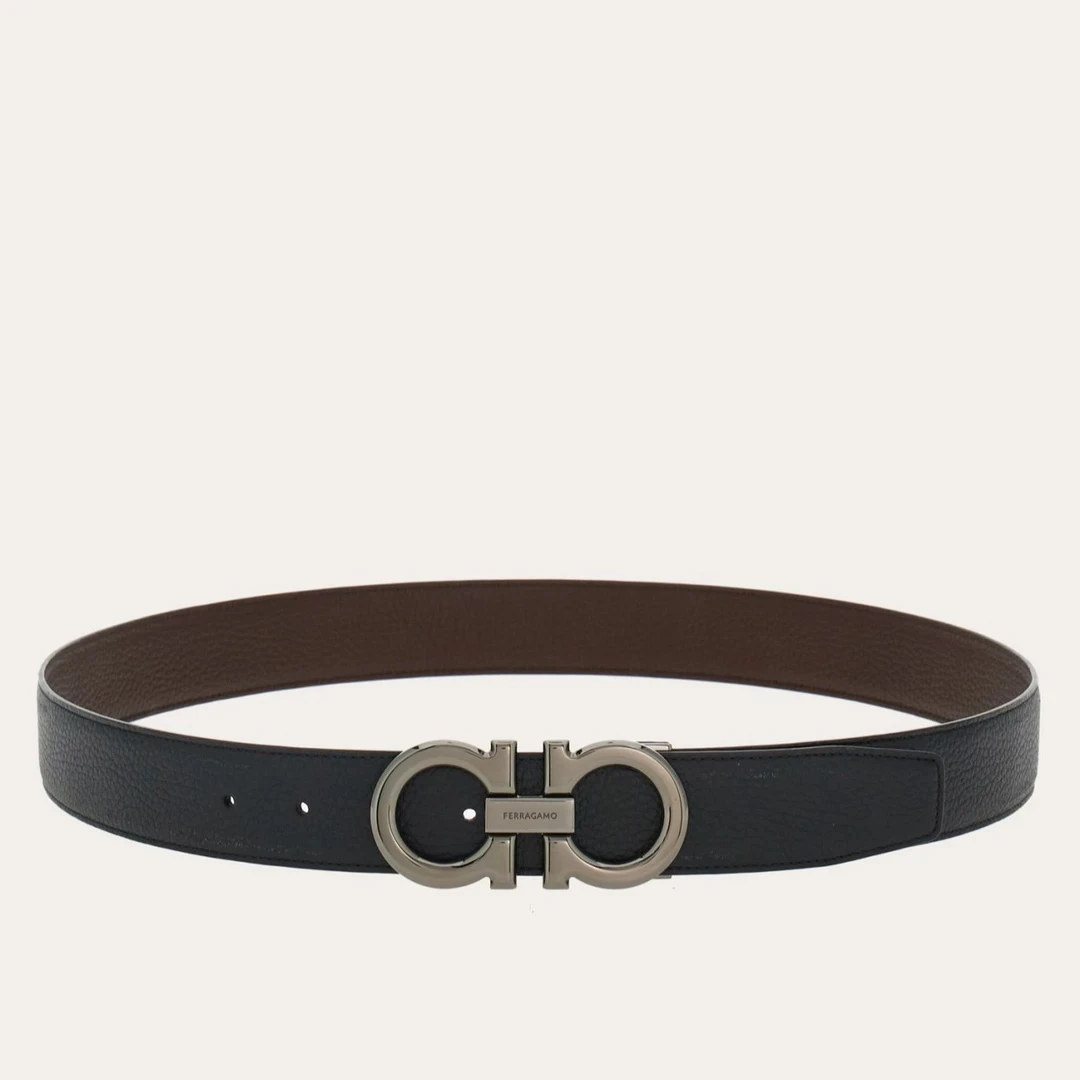 99新 FERRAGAMO/菲拉格慕 银色哑光双面板扣 牛皮革 皮带 男
