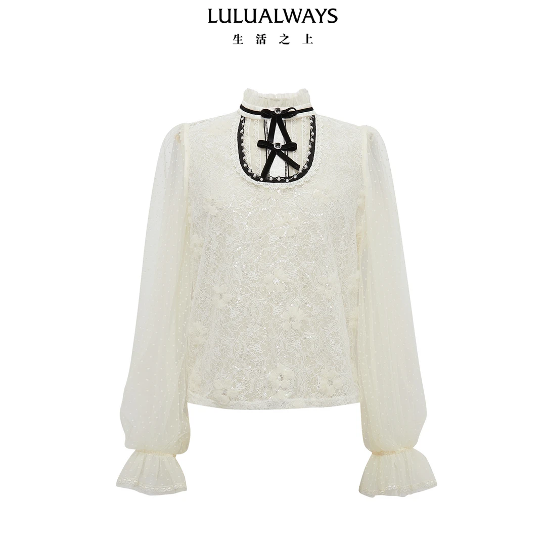 LULUALWAYS【商场同款】25春季新款法式复古温柔气质绣花蕾丝衬衫