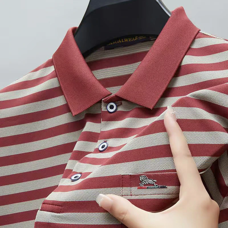 夏季条纹t恤男款休闲中老年男装爸爸装翻领运动上衣口袋T恤短袖男