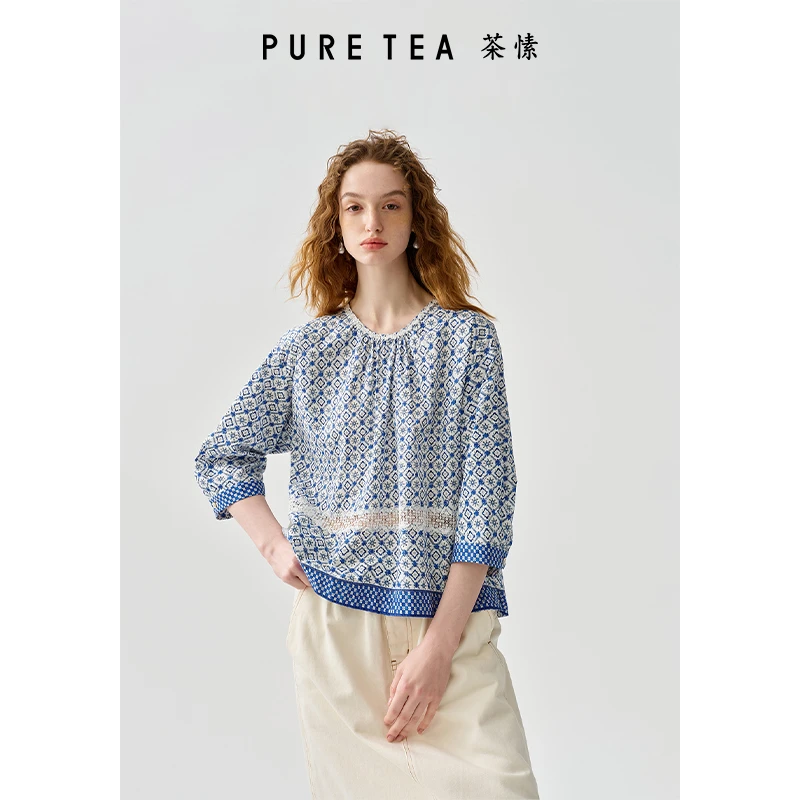 【古韵青瓷】puretea茶愫收褶圆领蕾丝拼接印花衬衫女KJ1402D21