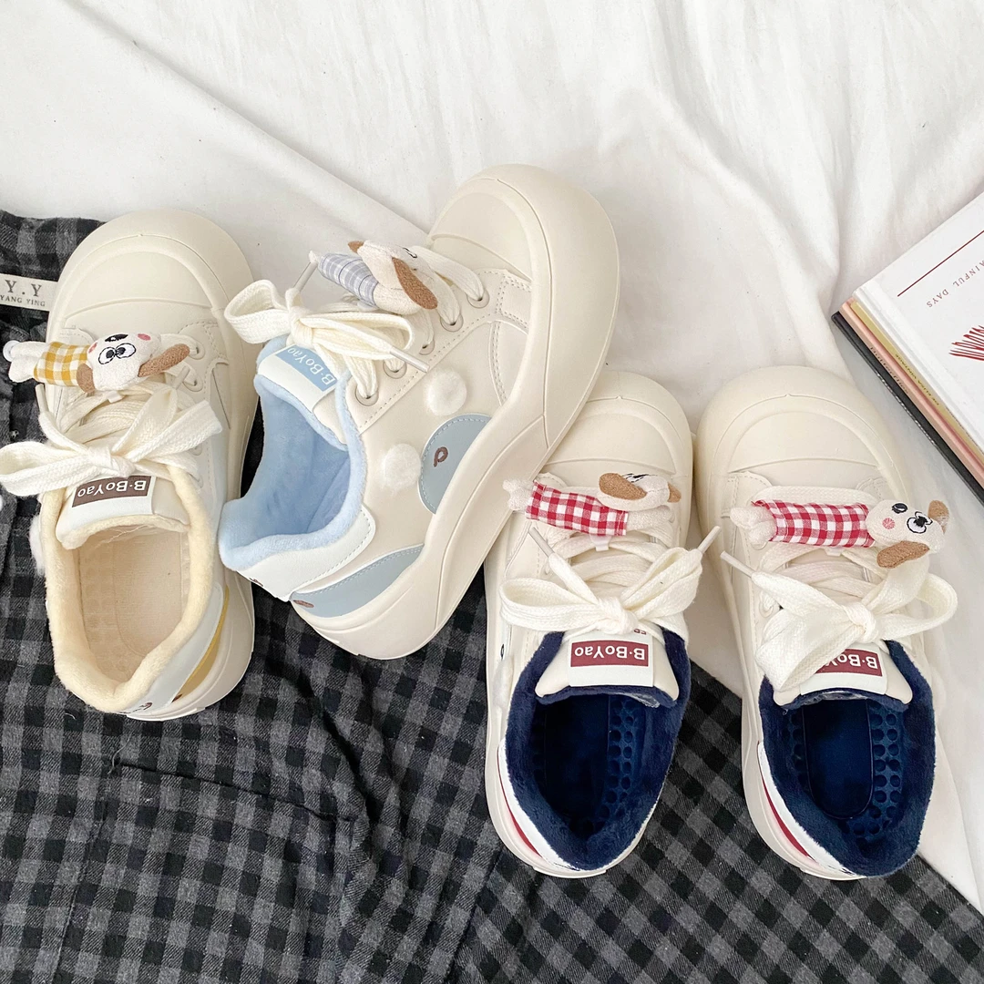 小狗玩偶丑萌圆头厚底面包棉鞋女冬新百搭加绒保暖板鞋小白鞋