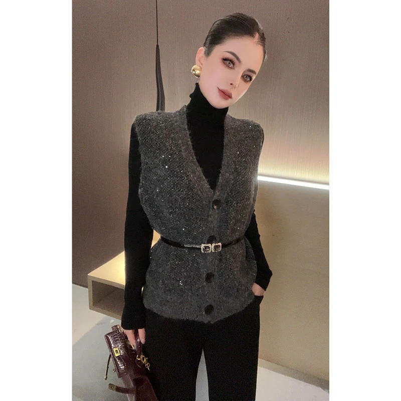 V领无袖拼接亮片针织开衫CS30269