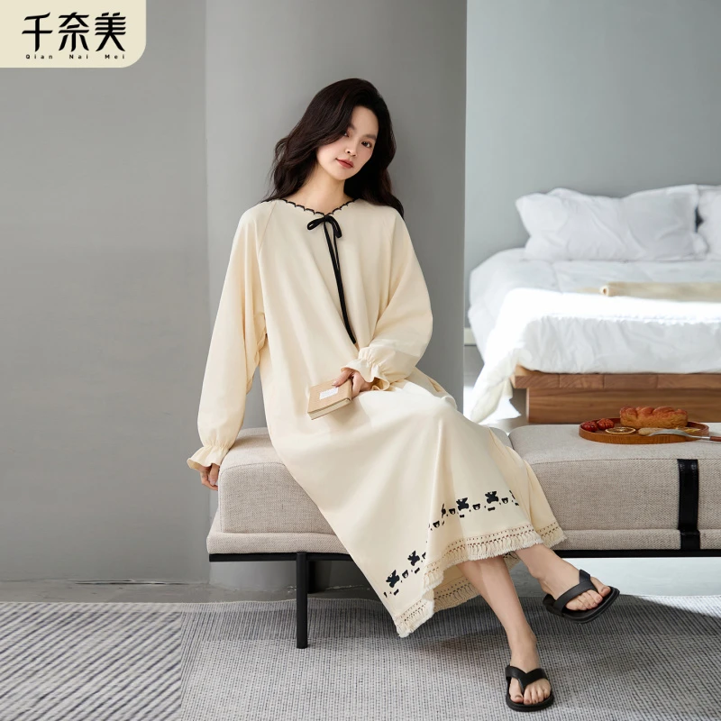千奈美100%纯棉睡裙女春秋季长袖大码睡衣2025新款法式简约家居服