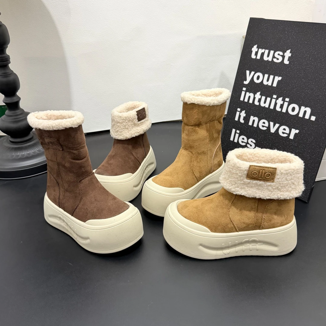 欧洲大头绒面羊羔毛毛鞋厚底松糕加绒雪地靴女面包鞋小个子女棉鞋