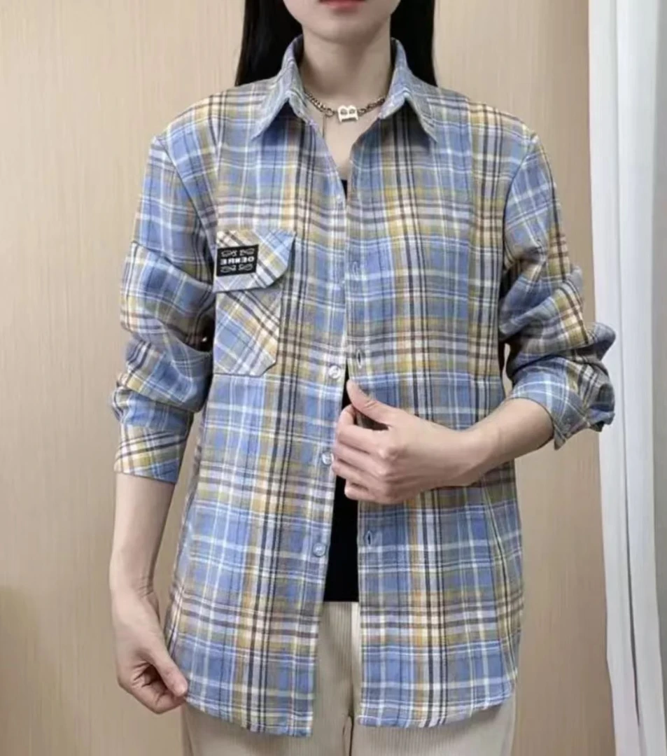 夏季时尚格子衬衫上衣方领单排扣上衣长袖年轻防晒洋气韩版显瘦