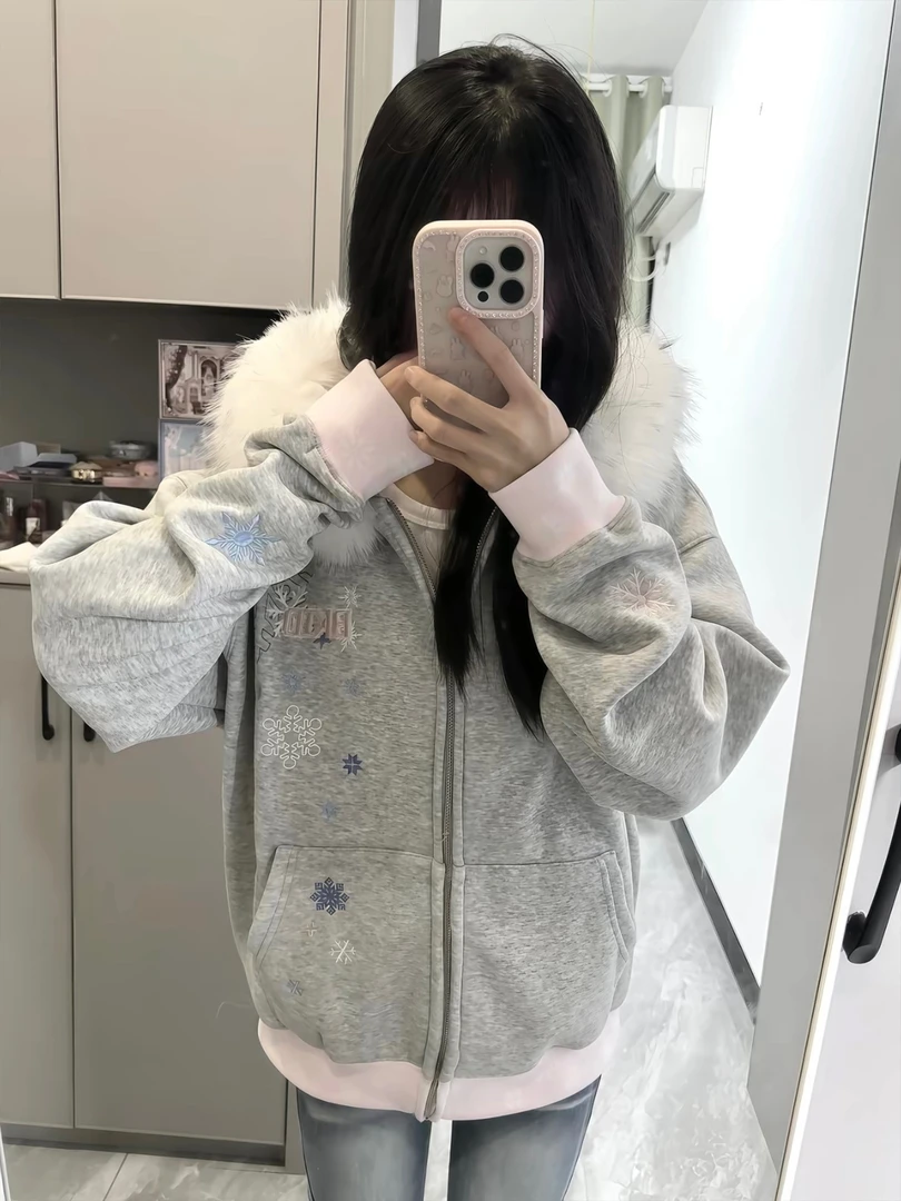 秋冬新款男女美式高街雪花刺绣毛领连帽卫衣新款宽松情侣加绒外套