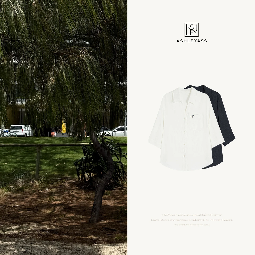 ashleyass“威尼斯蓝”高智口袋刺绣宽松休闲亚麻衬衫LSS250610W