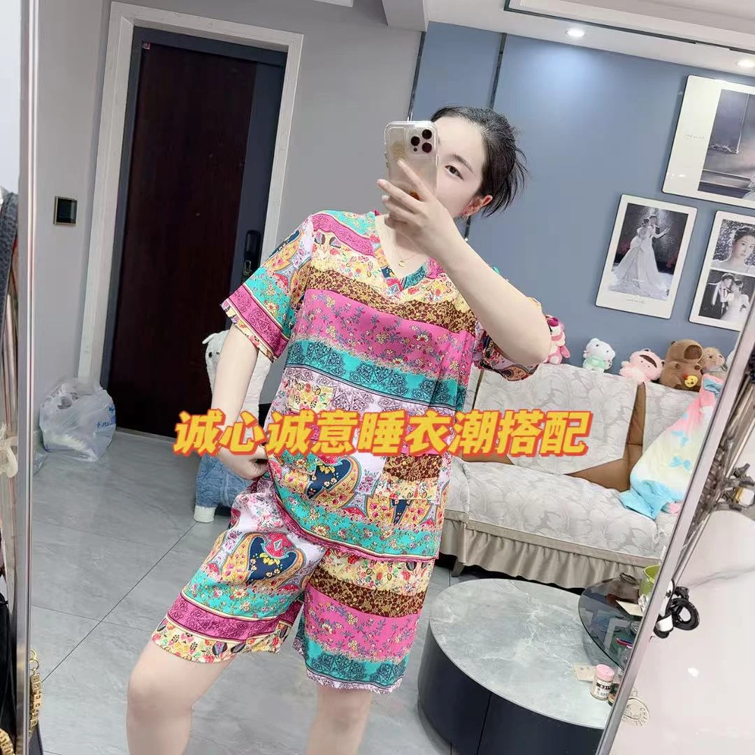 夏季女士大码汗蒸服V领短袖短裤棉布印花休闲宽松睡衣家居服套装