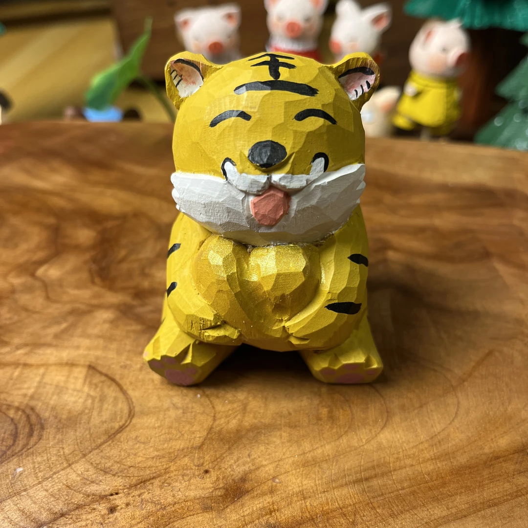 手工木雕招财大桔大利办公室创意装饰办公桌摆件木质老虎朋友礼品