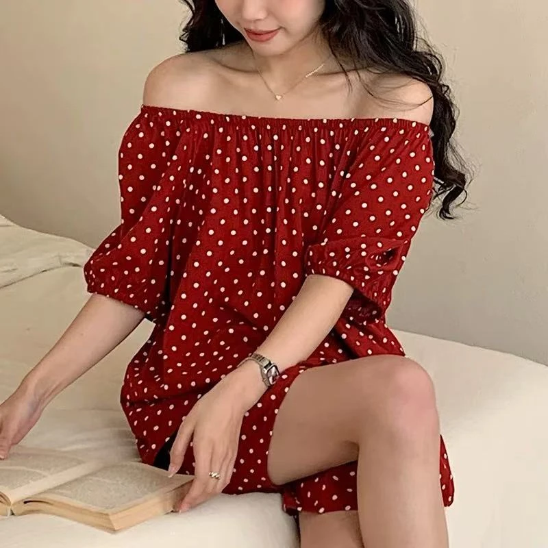 范范家【人造棉】法式甜美一字领泡泡袖棉绸家居套装023