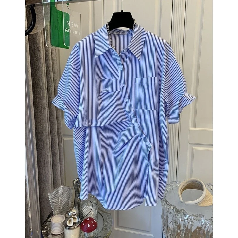 法式褶皱开叉斜扣气质短袖衬衫上衣女宽松设计感小众2025夏季新款