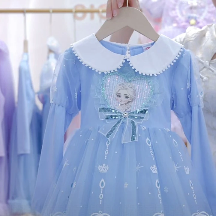 2025新款秋冬款娃娃领女童爱莎公主连衣裙生日公主裙春秋款娃娃领