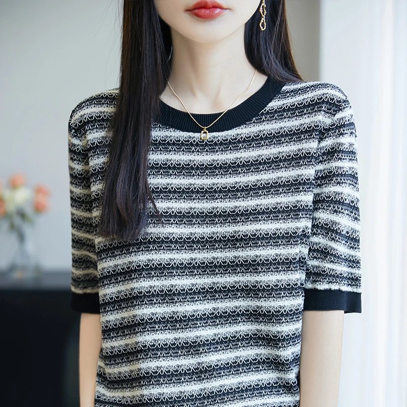 【超减龄】夏季条纹拼色宽松短袖圆领小香风针织衫时尚百搭