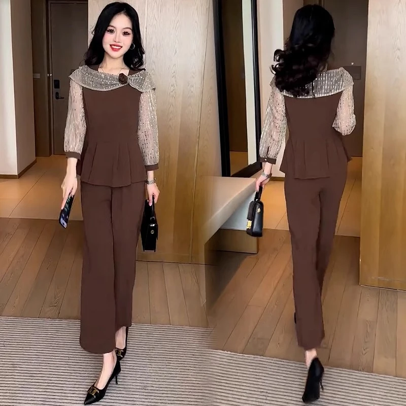 时尚套装女2025春季新款时髦洋气显瘦减龄拼接上衣阔腿裤两件套潮