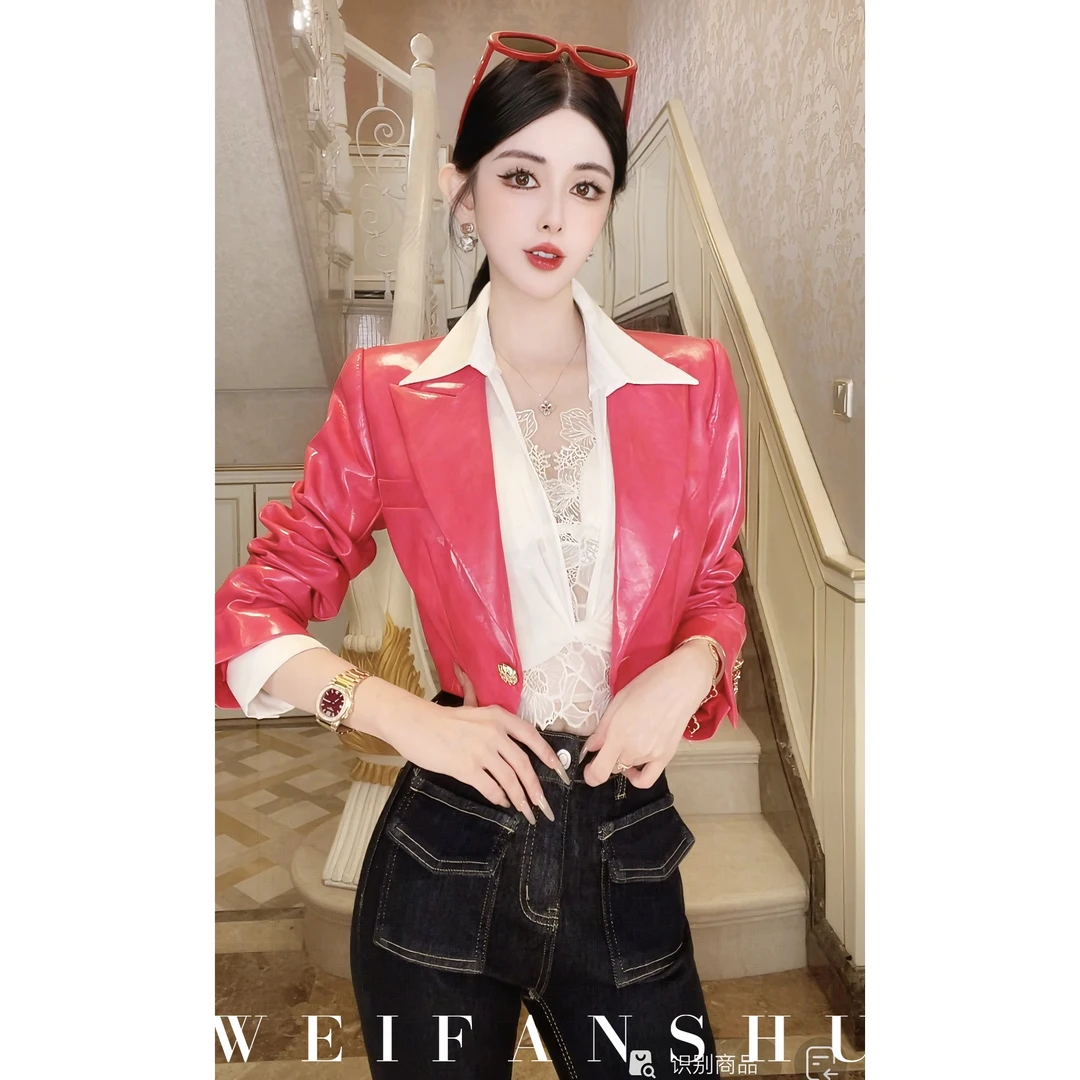 WEIFANSHU/魏凡舒【魅力超模】早秋新款短款玫红色百搭显白皮衣外套