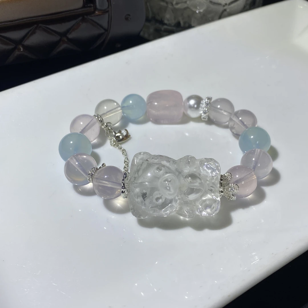 高品质星光粉晶E04设计款手链搭配白水晶熊-多样性发其一约11mm
