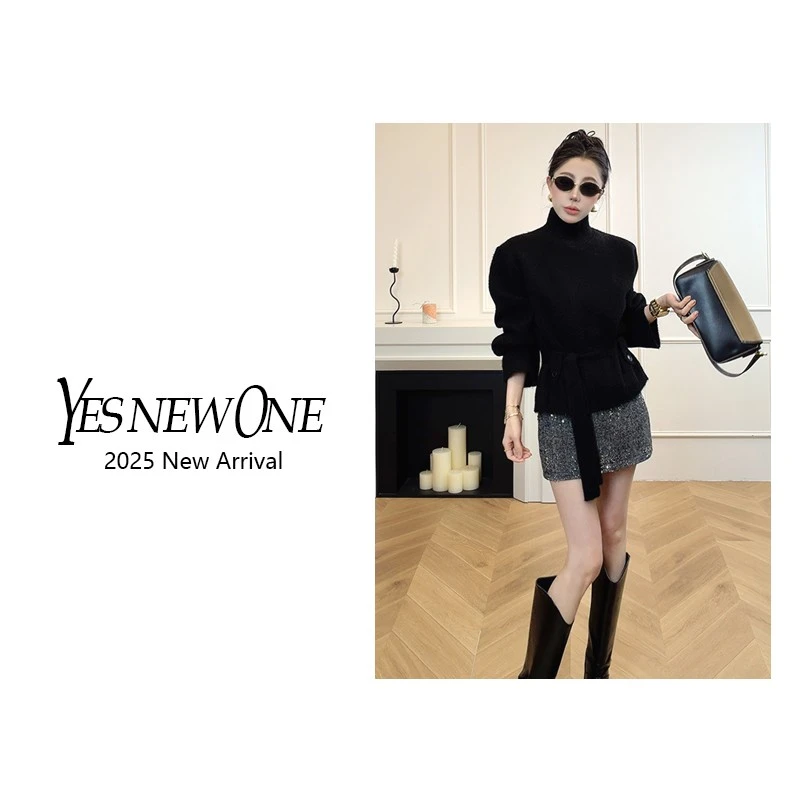 【运补6-10】韩系高级气质收腰绑带宽松显瘦套头厚款高领毛衣2025冬