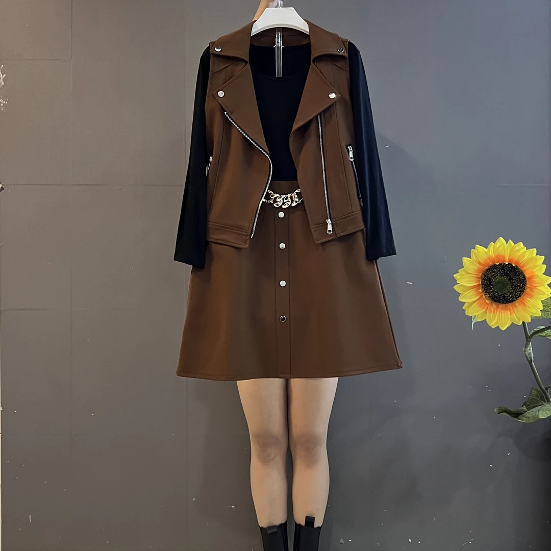 秋季新款时尚大翻领拉链设计马甲搭配连衣裙洋气减龄气质套装