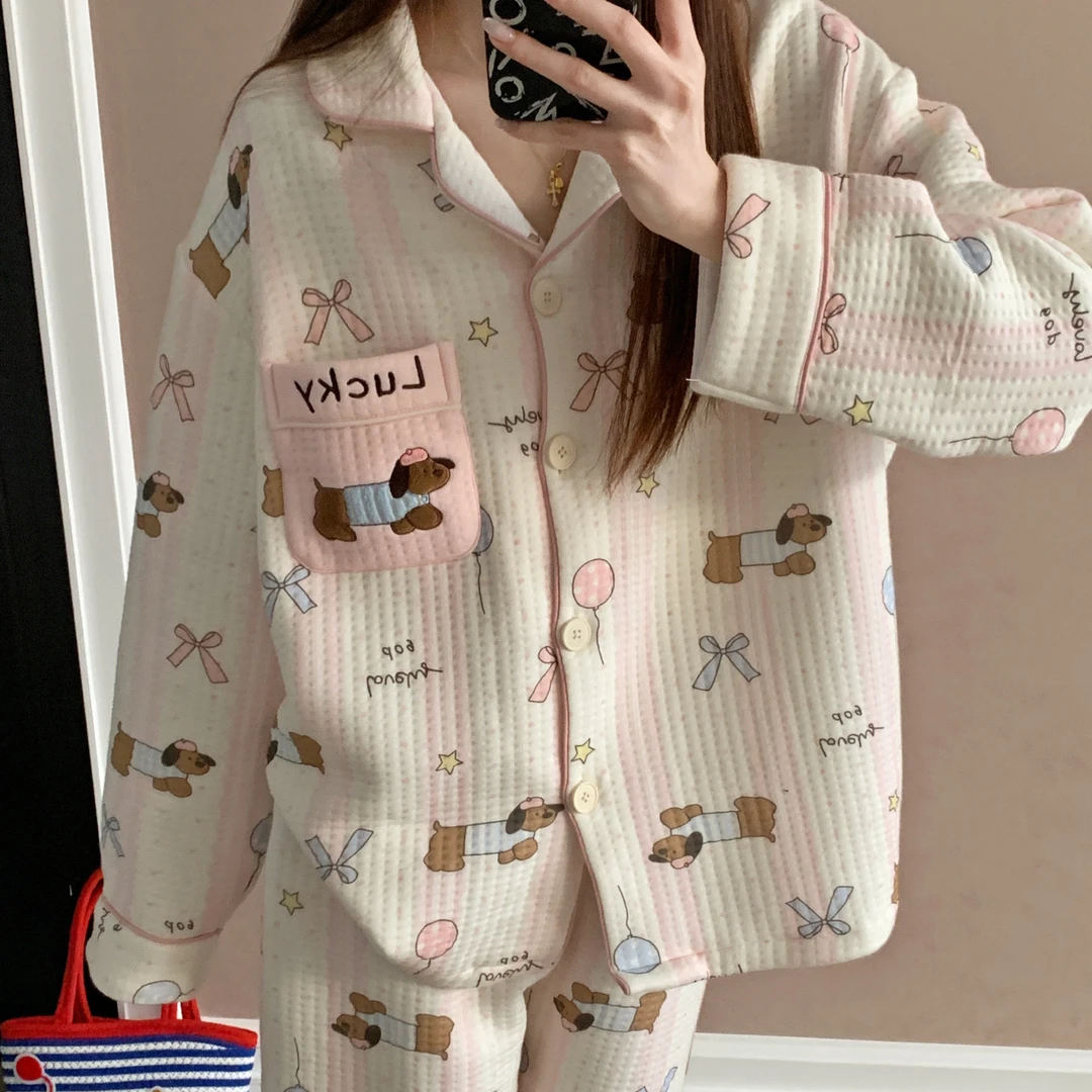 空气棉夹层睡衣女秋冬季粉色条纹小狗加厚保暖学生宽松家居服套装