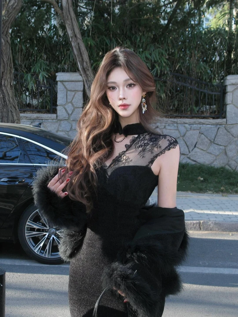 贵气感秋冬蕾丝拼接设计修身包臀鱼尾长裙外搭长裤毛毛外套套装女