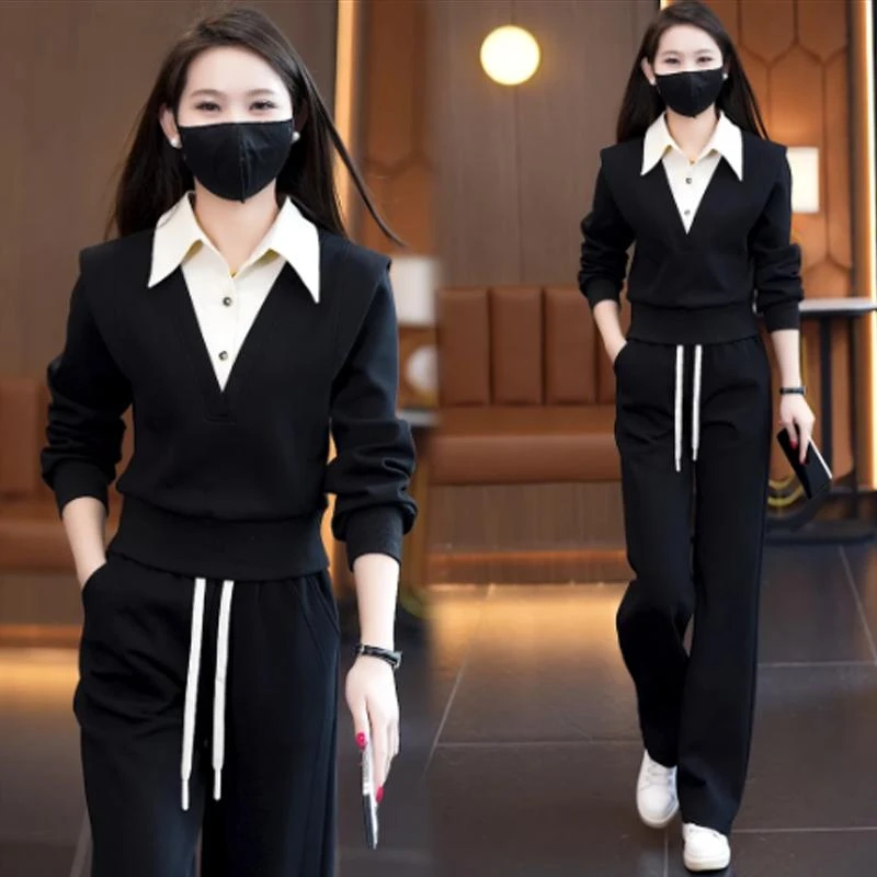 休闲运动套装女2025春季新款洋气显瘦假两件上衣阔腿裤时尚两件套