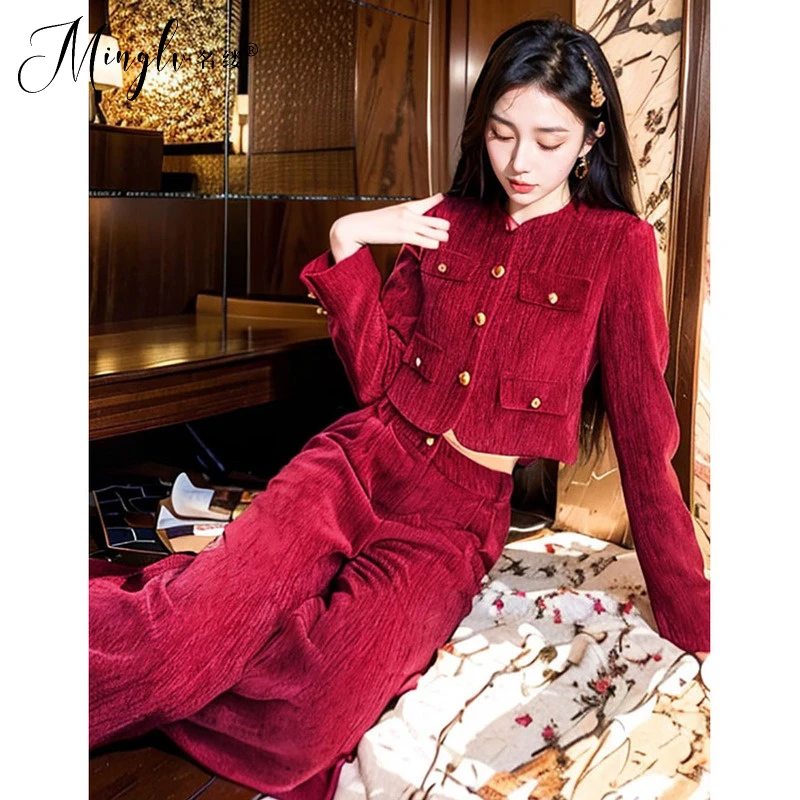 2025年秋高端精致复古红色灯芯绒圆领短外套高腰阔腿裤两件套装女