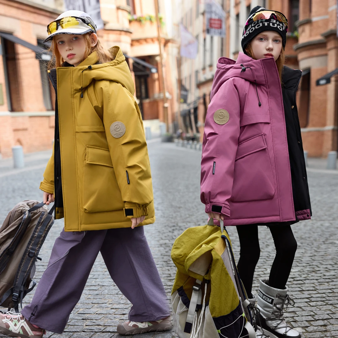 巴拉中大童女童羽绒服中长款男童冲锋衣三防白鸭绒加厚保暖外套潮