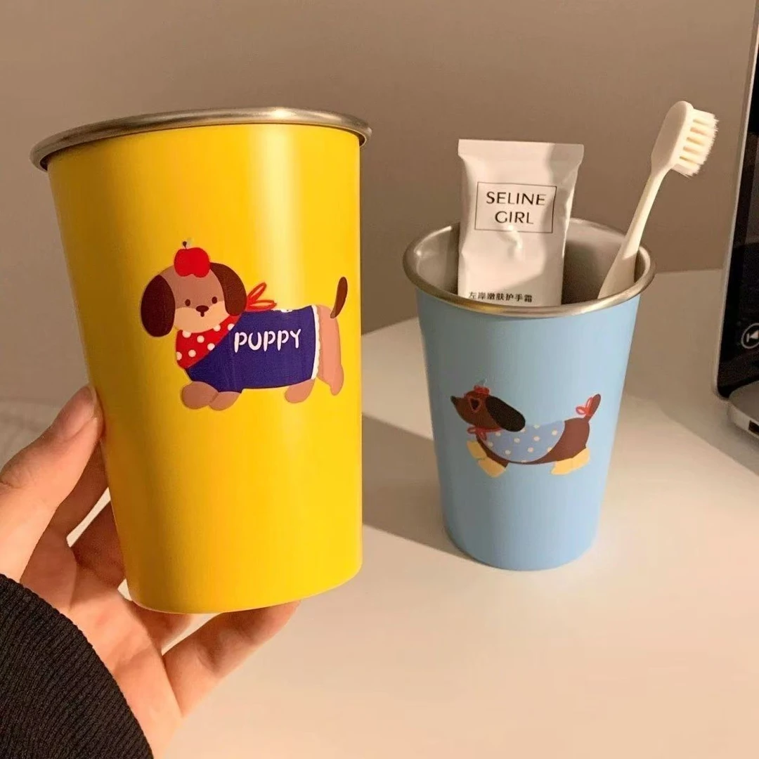 开学宿舍可爱腊肠狗漱口杯家用牙刷杯子洗漱情侣学生旅行不锈钢牙