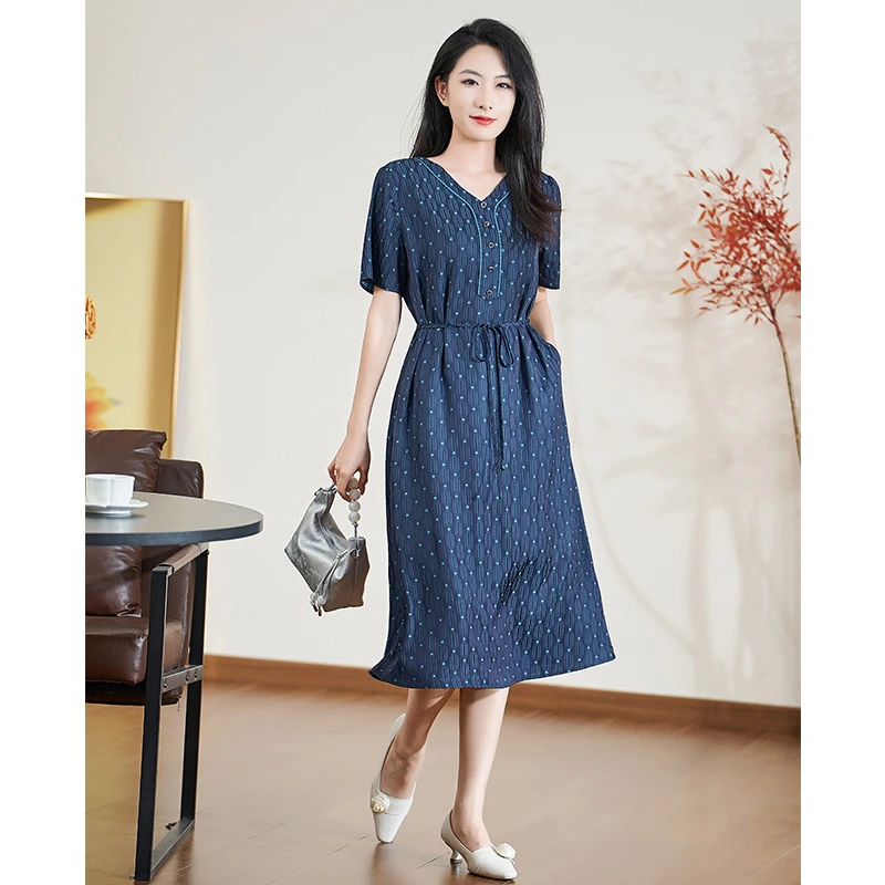 迪欧芙2025年夏季新款蓝色碎花气质收腰轻奢女装连衣裙#XLQ18051