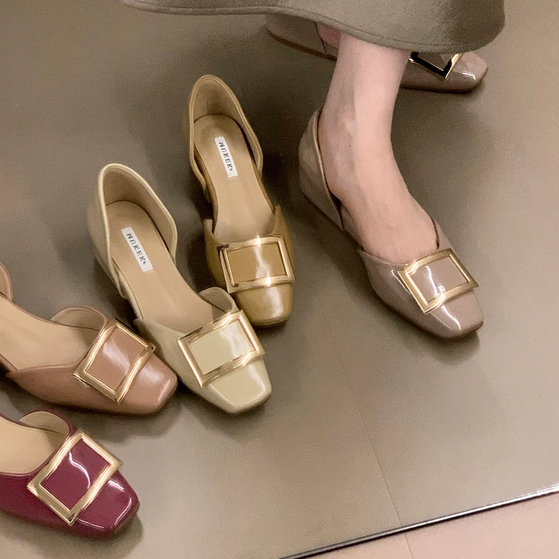 2025新款金属方扣方头平底单鞋女浅口中空通勤工作鞋