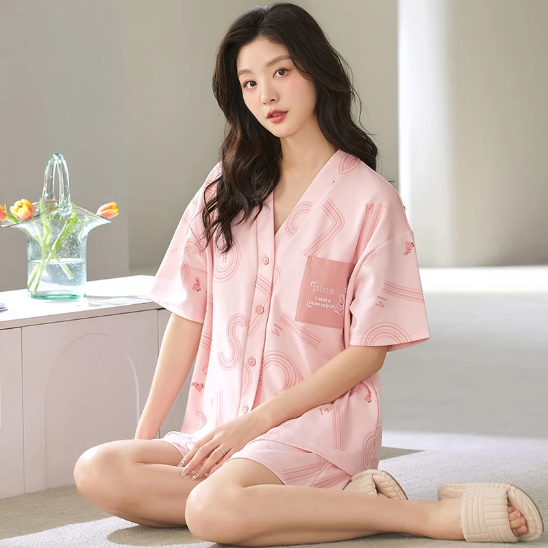 【多款可选】夏季睡衣女棉短袖短裤开衫和服带胸垫可外穿家居服套装