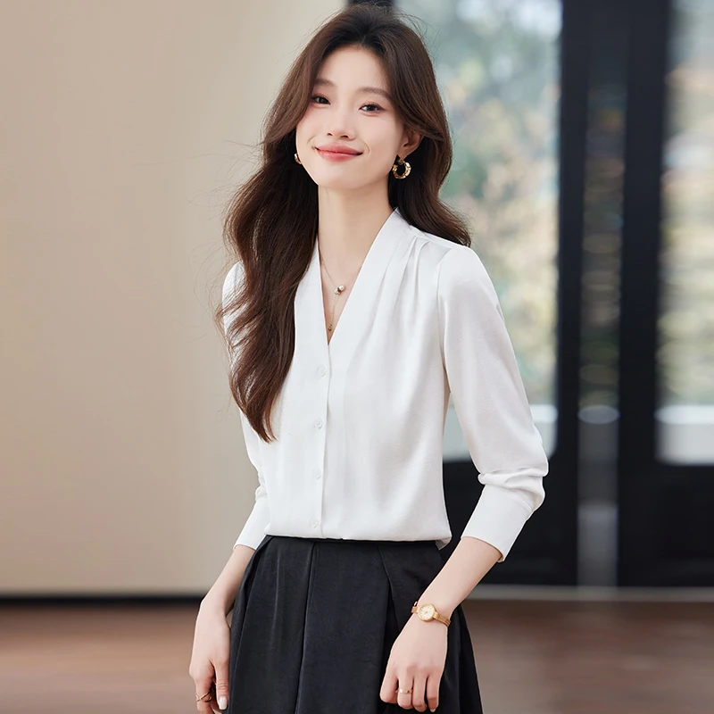 爆款白色V领衬衫女套装夏季新款高端洋气上衣长袖雪纺衫上衣女