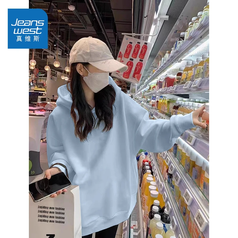 ZD真维斯蓝色连帽卫衣女款爆款2025新款正品慵懒风秋冬季卫衣外套