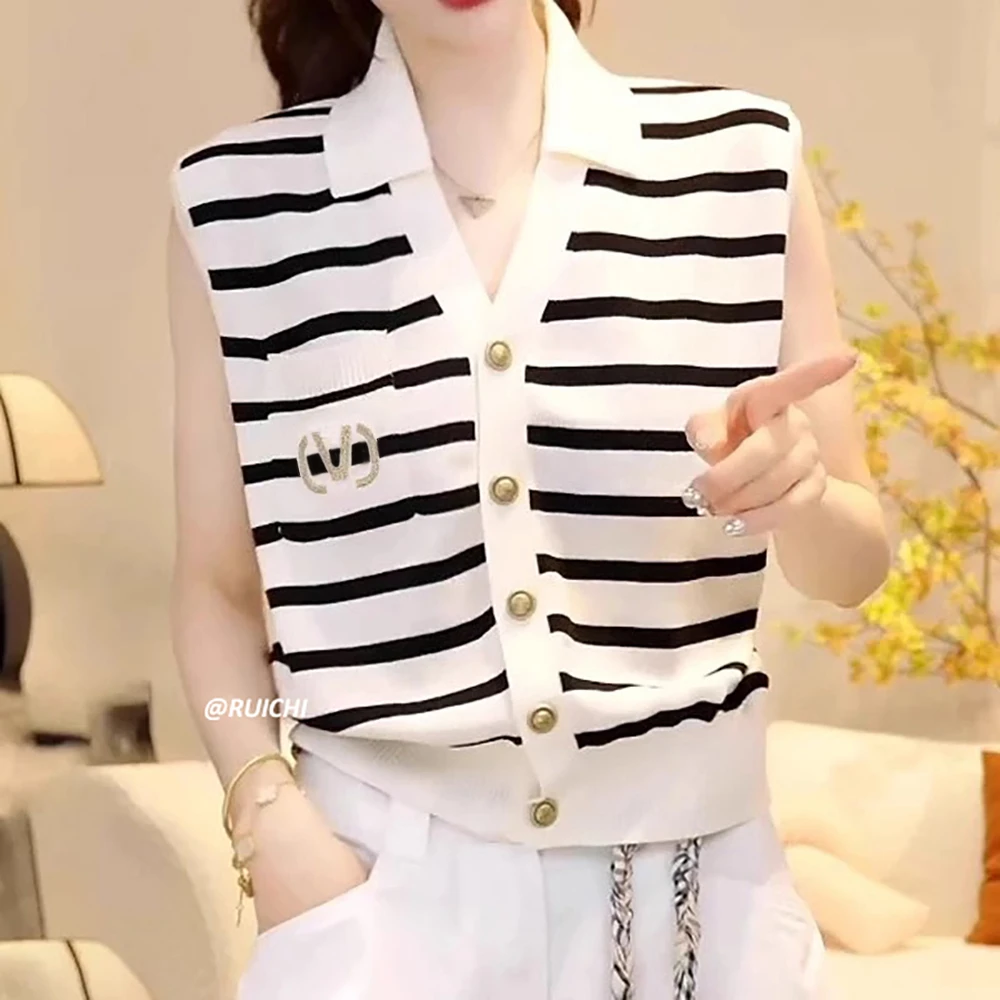 2025夏季韩系POLO领小V领金扣小香风背心薄款短款针织衫上衣女