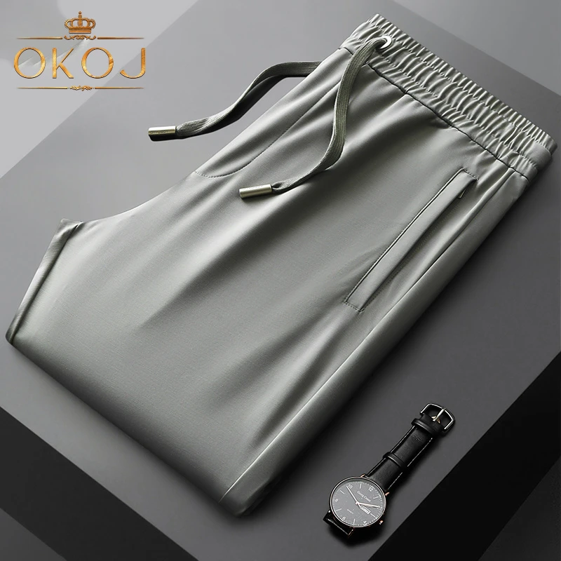 OKOJ桑蚕丝休闲裤男冰丝透气宽松直筒夏季新款运动长裤垂感裤子