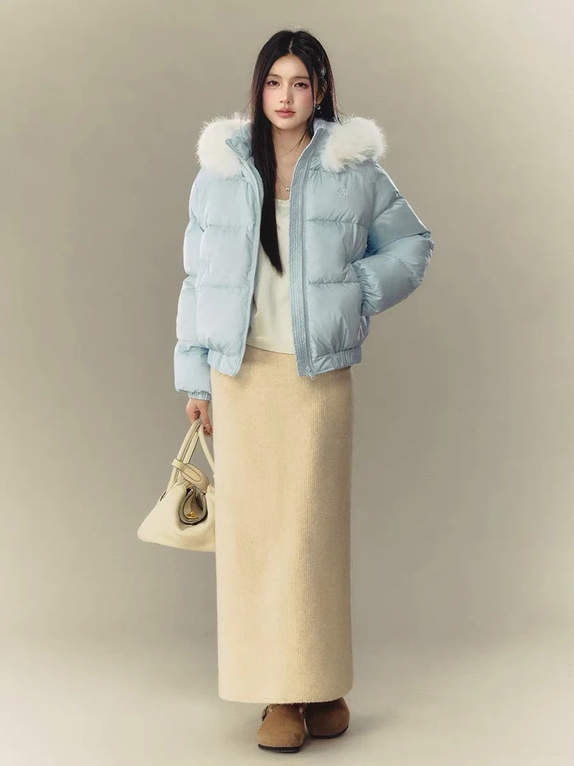 秋冬休闲风女装短款连帽长袖显瘦可拆卸毛领棉服棉袄外套