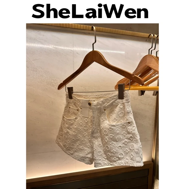 SheLaiwen【马户白色提花牛仔短】2025新款卷边直筒牛仔短裤