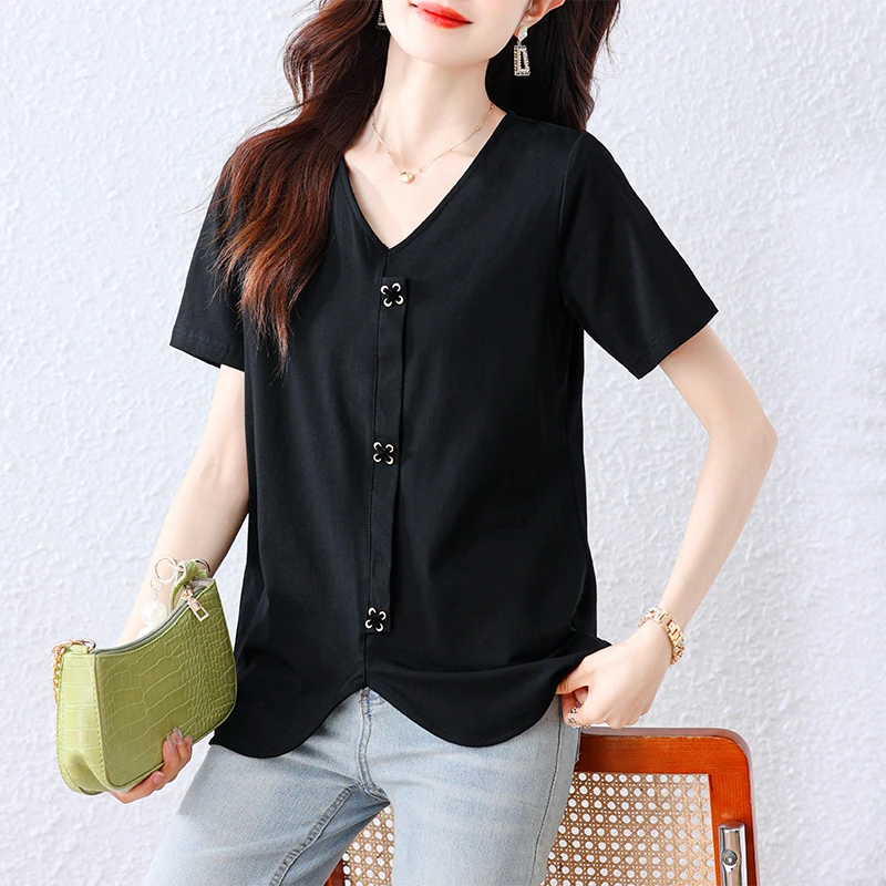 短袖T恤女2025夏季新款宽松显瘦遮肚洋气时尚休闲简约V领上衣