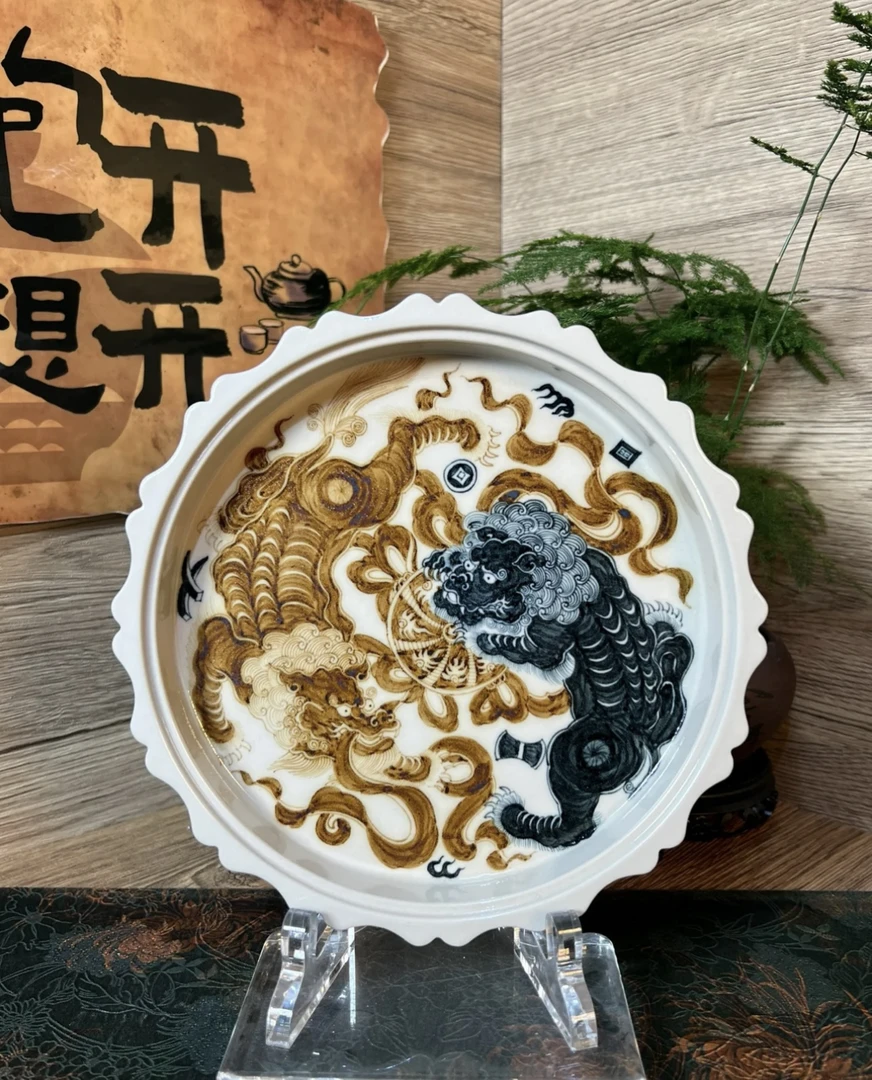 景德镇全手工手绘青花釉里金双狮绣球壶承陶瓷纯手工壶垫壶托