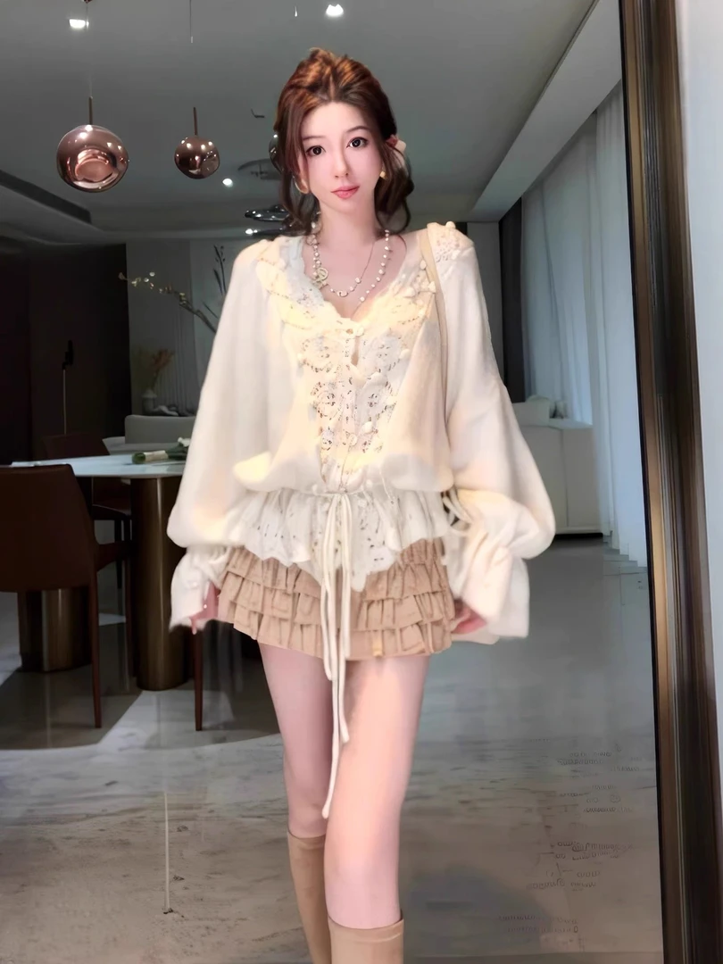 2025新款春秋毛针织开衫镂空长袖女装薄款V领宽松型韩式毛衣外套