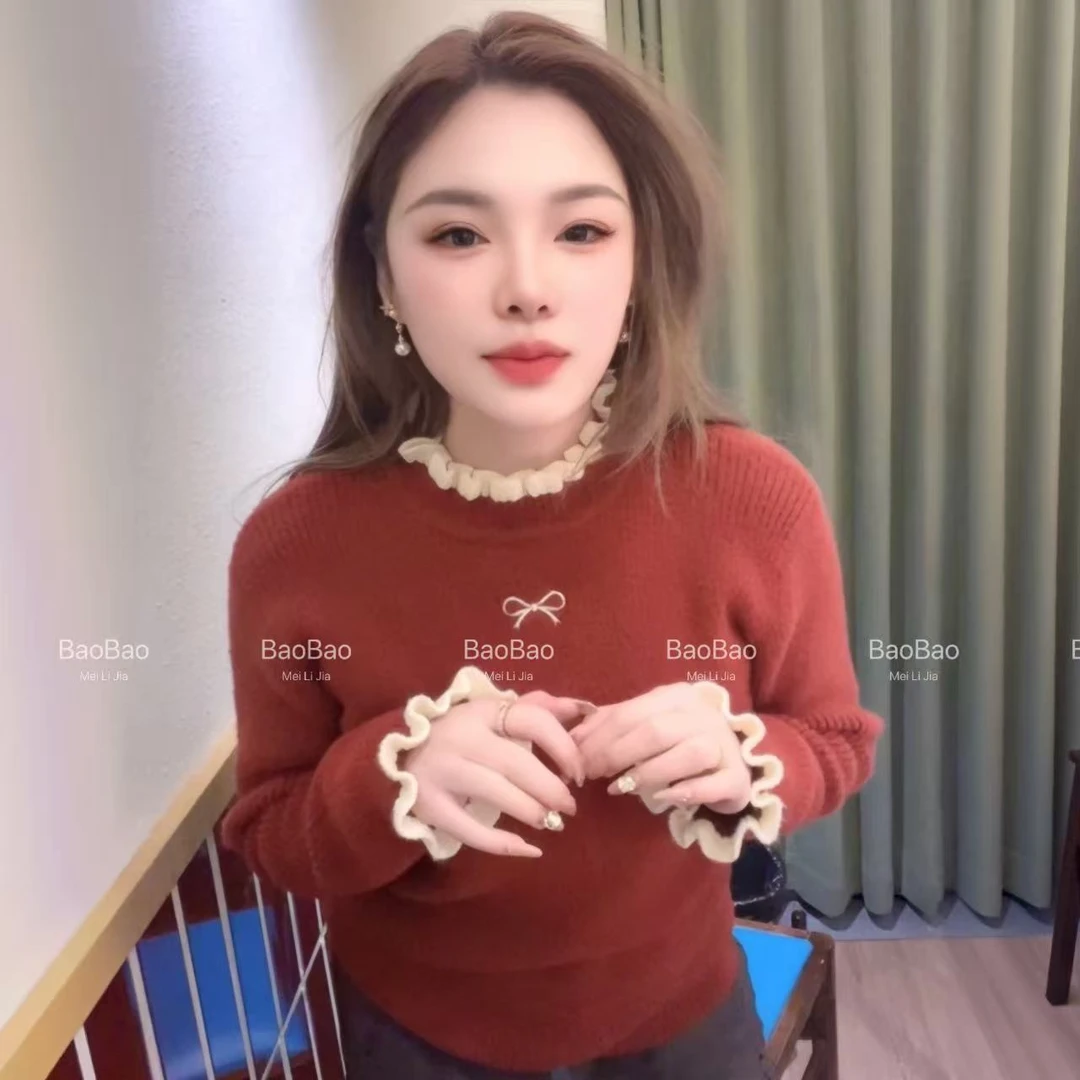【BaoBao】（不起球成人款）双面水貂绒冬季木耳边半高领针织衫2808