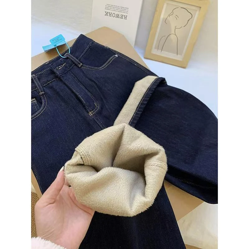 丹宁蓝~直腿神器~寒冬必备！不褪色加绒加厚美式高腰垂感阔腿裤！