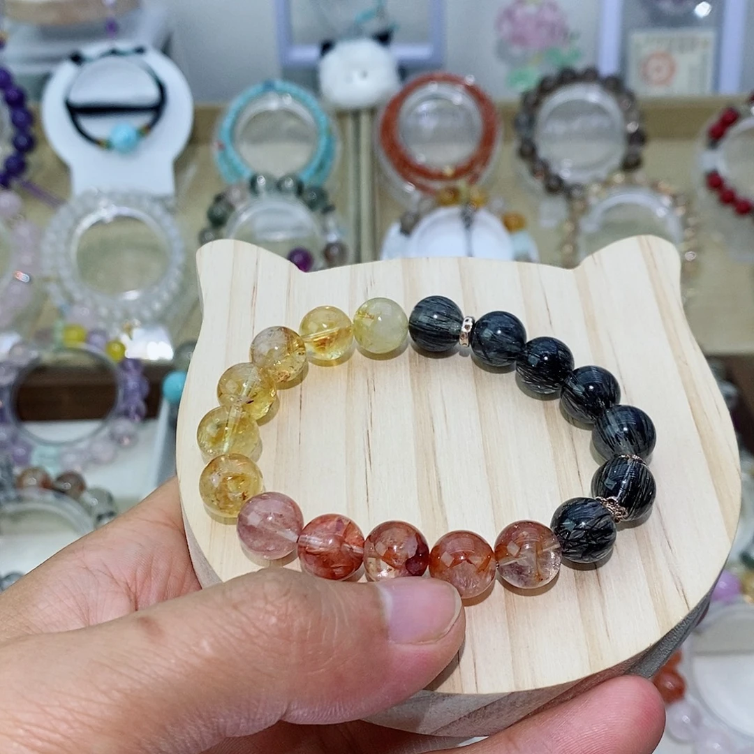 银S925镶嵌手链水晶黑发晶手串+红胶花+黄塔晶