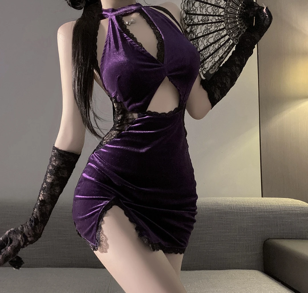 【觅妤】MiYu紫色蕾丝旗袍睡衣