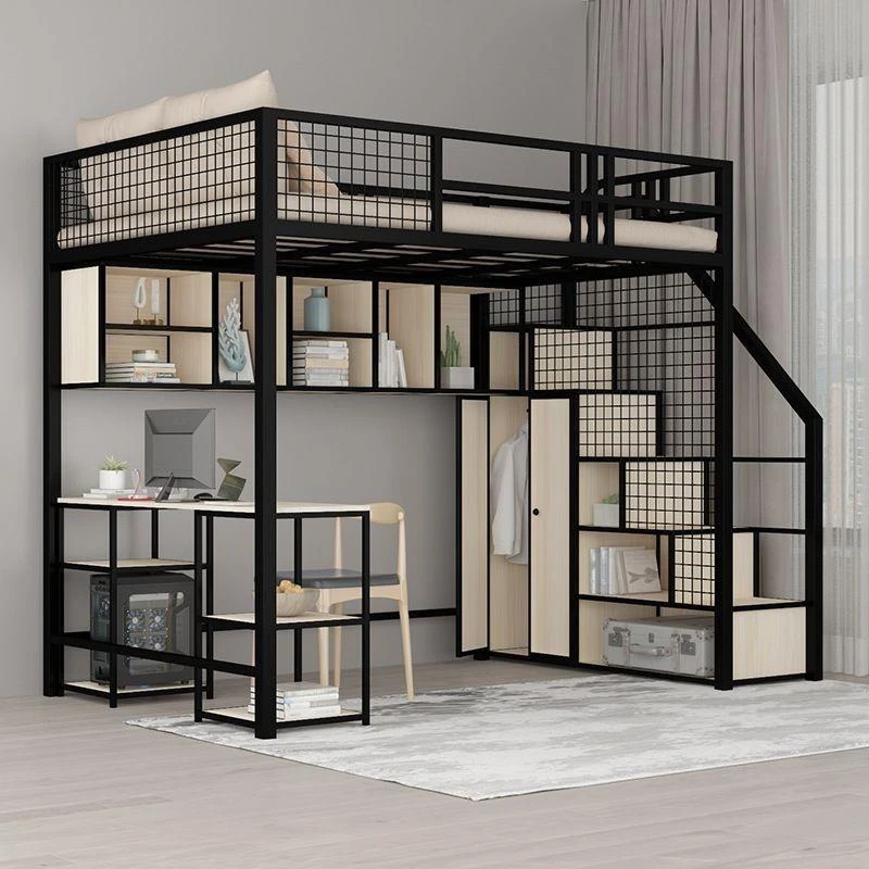 现代简约铁艺高架床上小户型空间复式公寓上床阁楼极简高低铁架床
