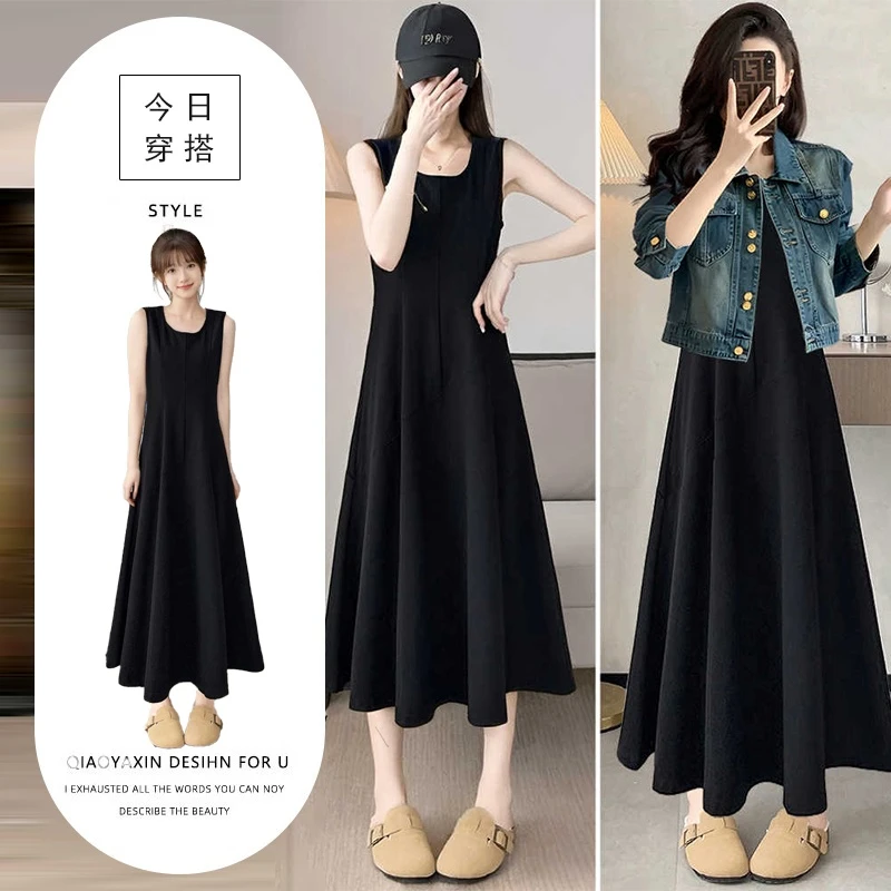 超长背心裙2025春夏大摆裙修身17显瘦无袖高个子连衣裙两件套牛仔