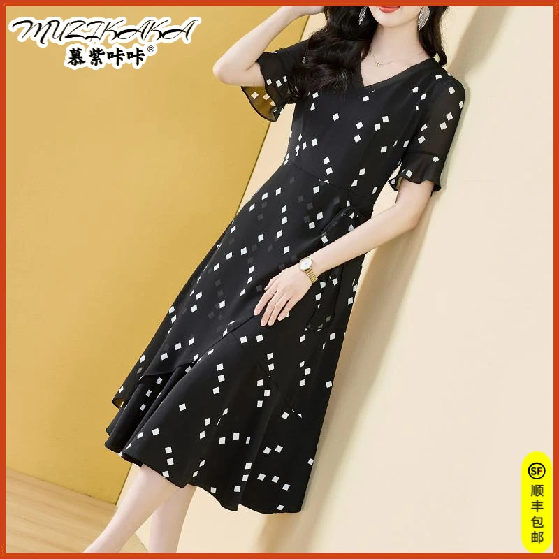 精致妈妈爆款法式定制黑白2025夏季新品百搭遮肚显瘦花色大摆裙中