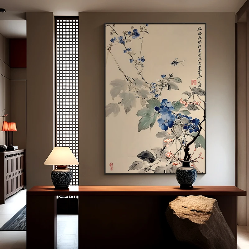 宋代美学挂画豌豆花茶室装饰画新中式竖版玄关画禅意客厅过道壁画