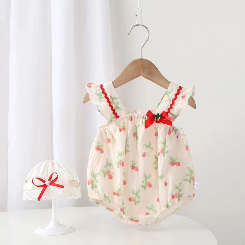 女宝宝夏季新款吊带包屁衣韩版可爱印花甜美花边袖子公主包屁衣