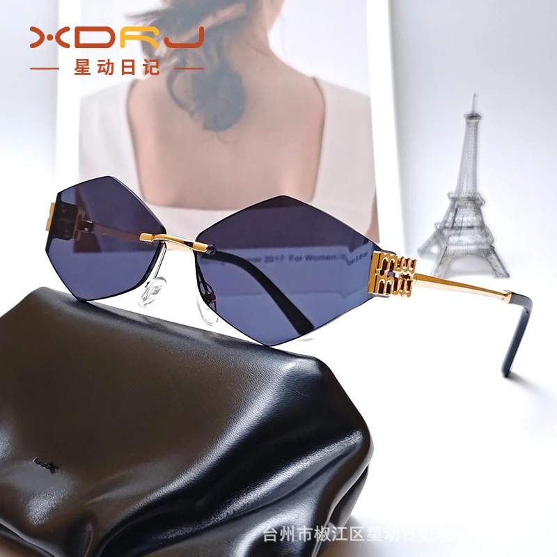 新款缪无框曲面菱形墨镜女高级感显脸小欧美显瘦复古网红太阳眼镜